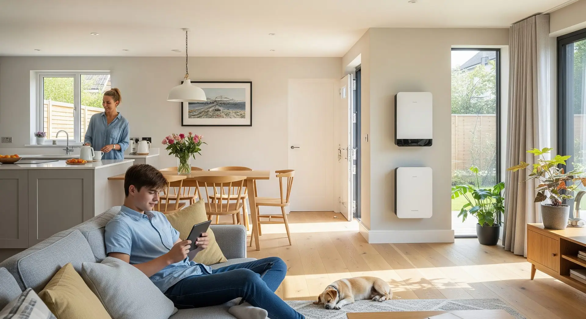 Sunlit UK home interior with modern home battery storage system, relaxed family lifestyle, and no solar panels visible.