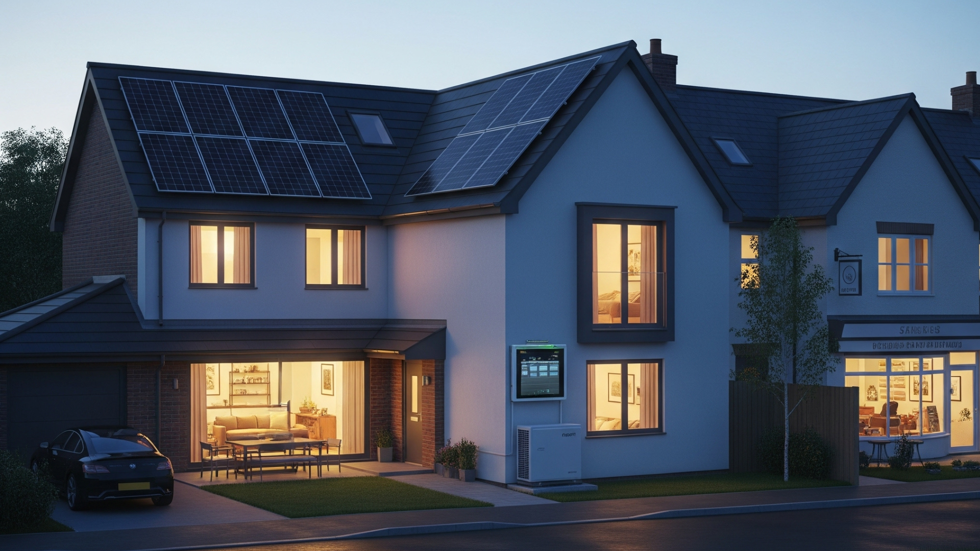 Modern UK home with solar panels and battery storage system – representing sustainable off-grid energy solutions.