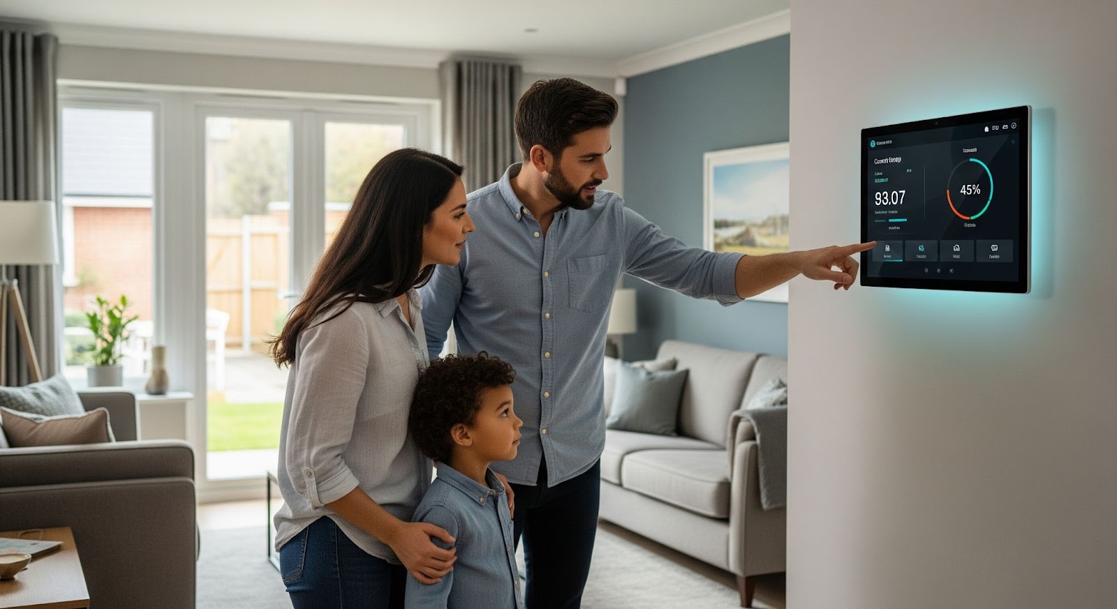 Happy family outside their house with Home Battery Storage in the UK, enjoying sustainable energy independence.