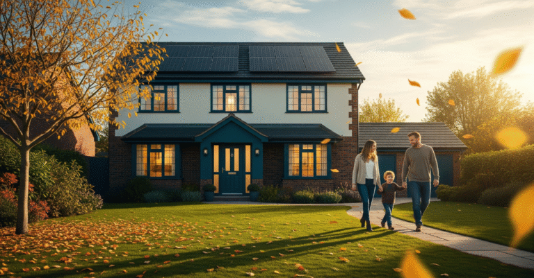 Solar panels with home battery storage UK system powering a modern house in autumn.