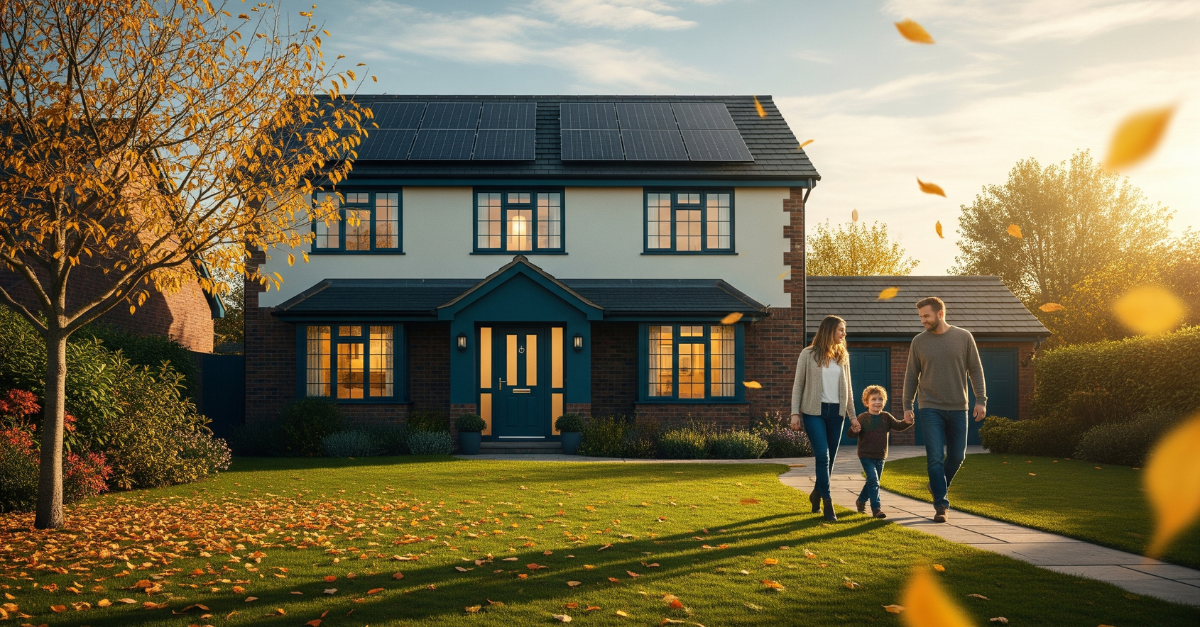 Solar panels with home battery storage UK system powering a modern house in autumn.
