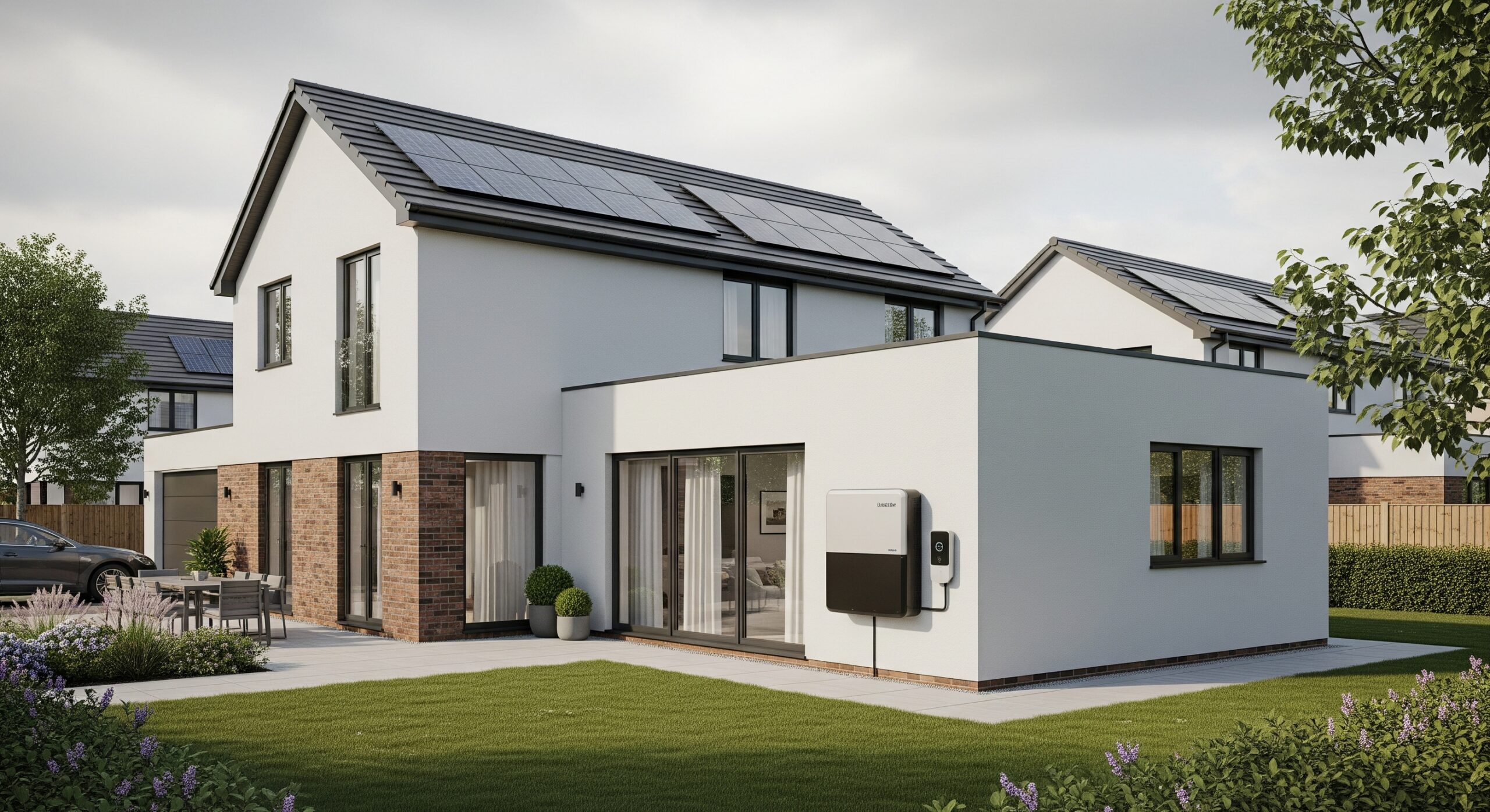 Exterior view of a modern house featuring Home Battery Storage in the UK for efficient energy use.
