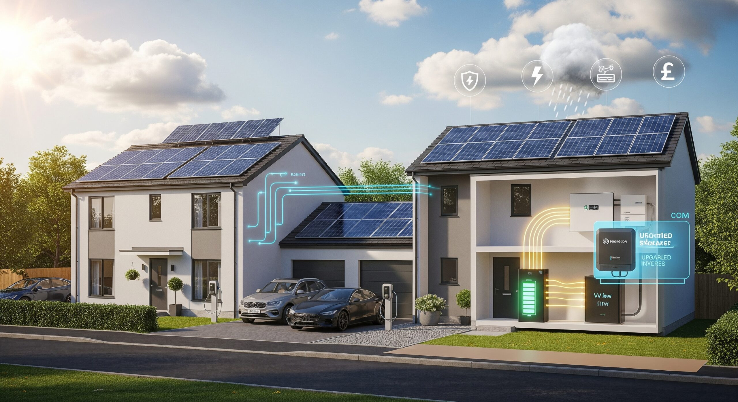 Modern UK countryside home powered by solar panels and battery storage, showcasing complete off-grid energy independence.