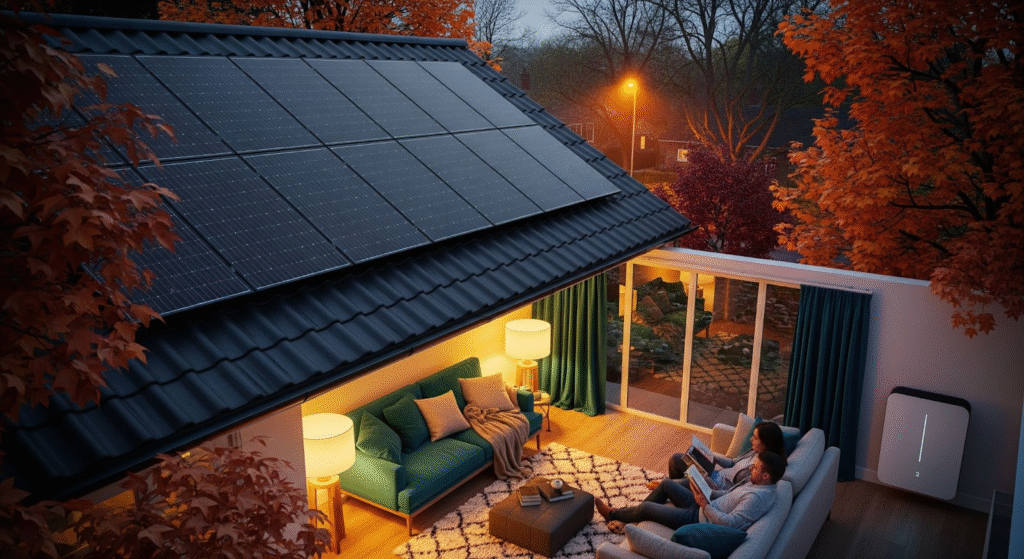 Autumn home using house battery UK to reduce energy bills and store solar electricity.