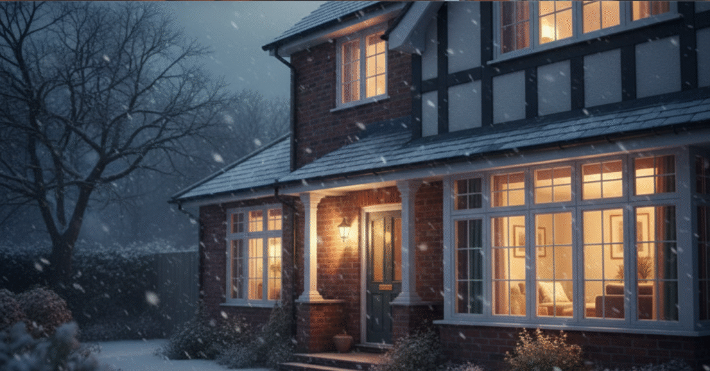 Happy family of parents and children sitting on a sofa in a modern UK living room, cozy with throws and cushions, with the uploaded battery storage unit subtly integrated nearby, dark cyan décor accents, and warm natural light through large windows.