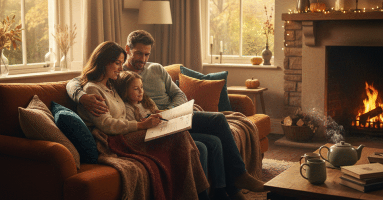 Person sitting in a modern UK living room reading a newspaper with coffee nearby, featuring minimalistic furniture, dark cyan décor accents, and an autumn garden visible through the window.