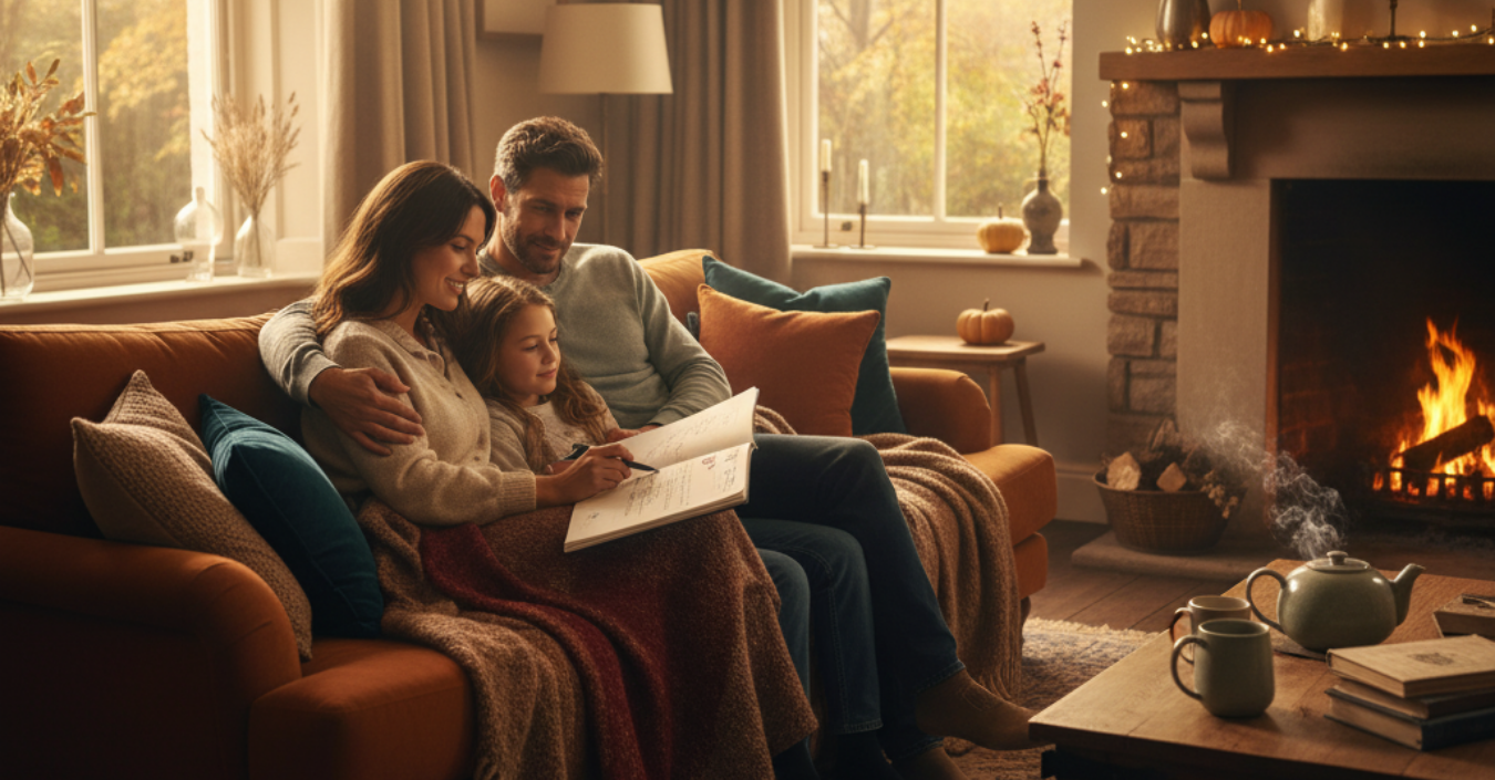 Person sitting in a modern UK living room reading a newspaper with coffee nearby, featuring minimalistic furniture, dark cyan décor accents, and an autumn garden visible through the window.