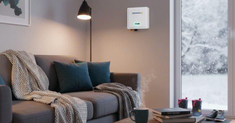 Modern UK home office with desk, open laptop, coffee cup, books, plants, dark cyan accents, and the Off Grid Group battery storage unit glowing in the corner of the room.