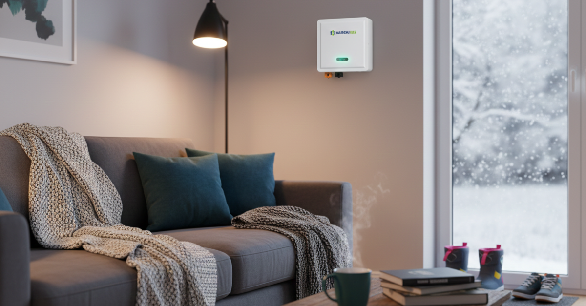 Modern UK home office with desk, open laptop, coffee cup, books, plants, dark cyan accents, and the Off Grid Group battery storage unit glowing in the corner of the room.