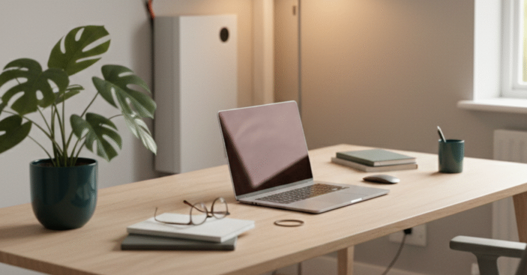 Modern UK home exterior at dusk with snow on the ground, warm interior lights, boots by the door, and the Off Grid Group battery storage unit visible glowing through a window.