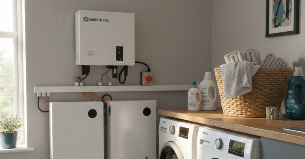 Cosy UK living room in winter with warm lighting, books, shoes by the door, laptop open, and the Off Grid Group battery storage unit glowing softly against the wall.