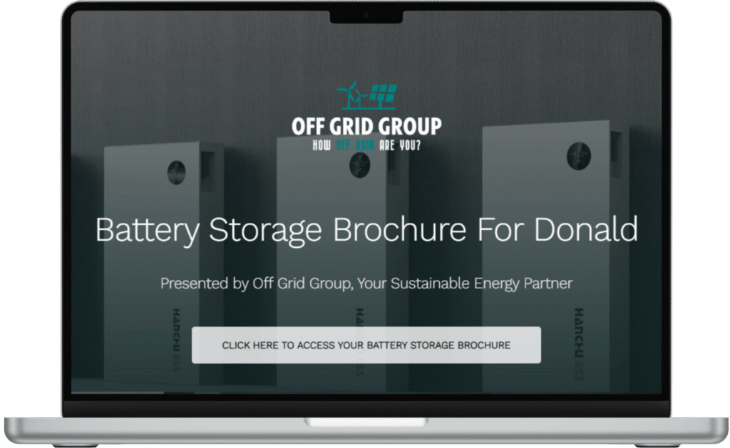 mockup of a laptop. The laptop screen displays a digital marketing brochure for 'Off Grid Group' titled 'Battery Storage Brochure For Donald,' featuring a background image of white battery storage units.