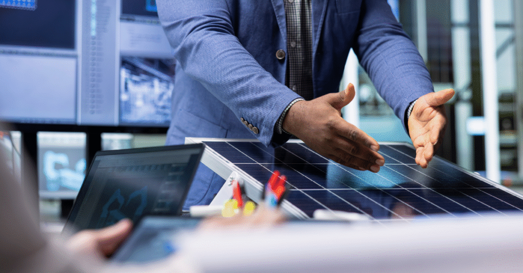 A professional solar consultant reviewing technical blueprints with a homeowner to design a fully tailored, ethical energy system.