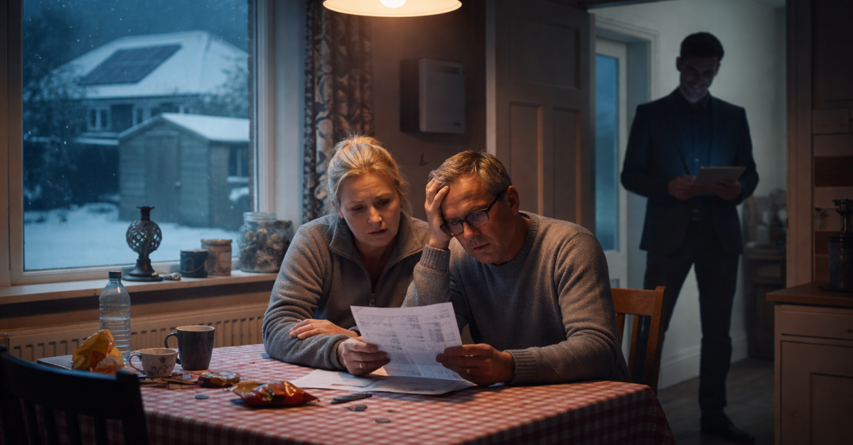Worried UK couple reviewing a high winter energy bill at their kitchen table while a suspicious salesperson represents solar installation scam risks.