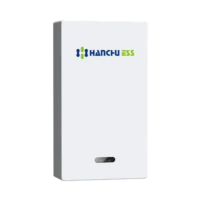 Front view of a sleek, white HANCHU ESS residential battery storage unit featuring the company logo.