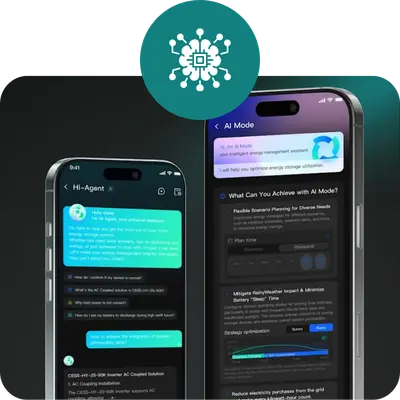 Two smartphone screens displaying the Hanchu App's "AI Mode" and "Hi-Agent" features, which offer intelligent energy optimization and automated weather-based strategy planning.