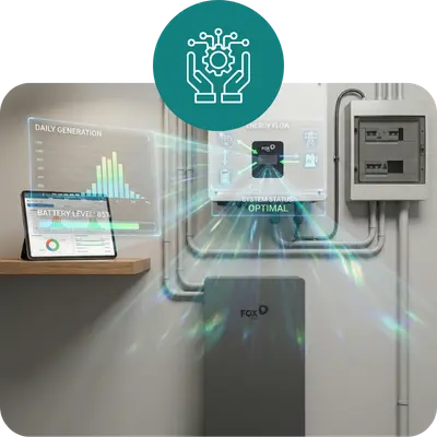 A complete Fox ESS home energy system with inverter and battery, featuring holographic overlays showing energy flow from solar and battery, and a tablet displaying system data.