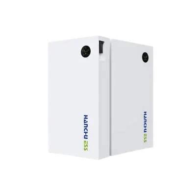 Two white HANCHU ESS residential lithium battery units positioned side-by-side on a white background, showcasing a scalable dual-storage configuration with integrated digital status displays.