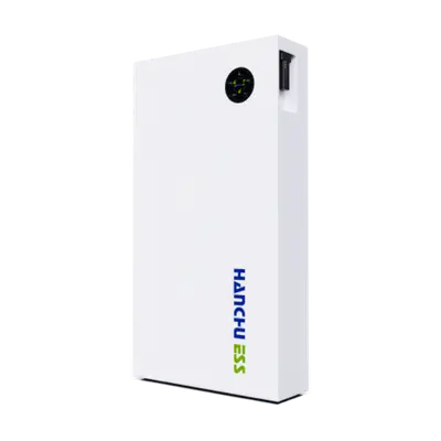 An angled perspective of a HANCHU ESS lithium battery unit showing its slim profile and side mounting interface.