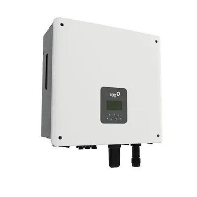 Front perspective view of a clean, white, wall-mounted Fox ESS residential solar inverter. The central rectangular panel features the FOX ESS logo, an LCD screen, and control buttons. Connection ports and terminals are visible at the base of the unit.