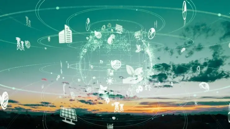 A digital illustration over a real sunset sky showing a glowing Earth globe made of data points.