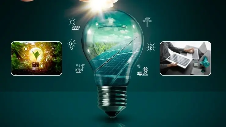 Creative graphic representing renewable energy solutions, showing solar panels inside a lightbulb and various green energy icons on a teal background.