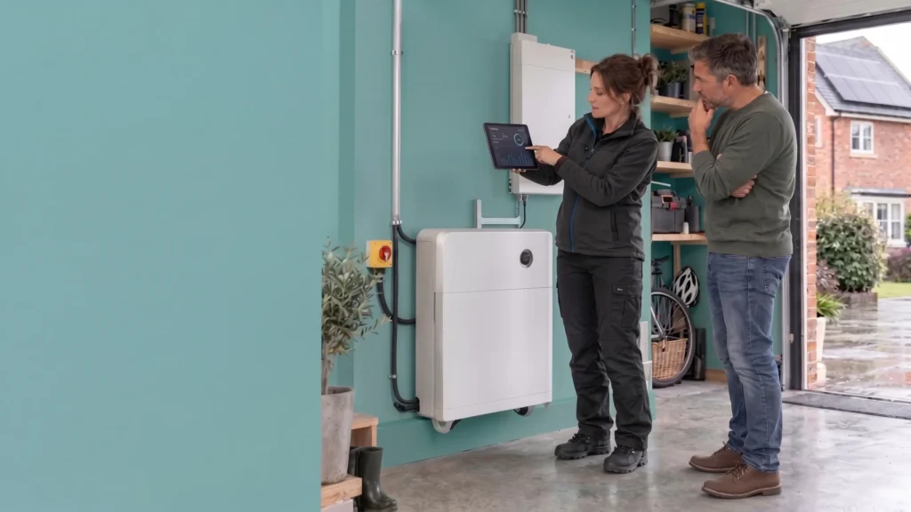 A female technician pointing to a tablet screen while explaining the features of a large, floor-mounted boenergy home battery system to a male homeowner in a modern garage